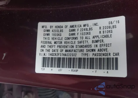 2017 Honda Accord Lx из США, поврежденный, VIN 1HGCR2F37HA032502